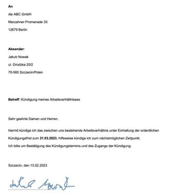 Wzór wypowiedzenia po niemiecku